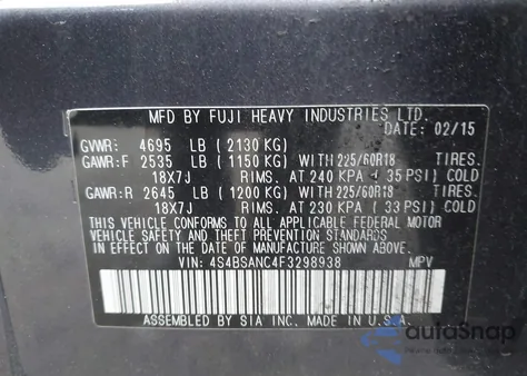 2015 Subaru Outback 2.5I Limited z USA, uszkodzony, nr VIN 4S4BSANC4F3298938